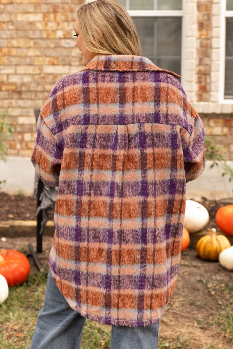 Plus Size Plaid Collared Neck Long Sleeve Jacket - CELIVINE
