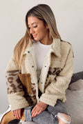 Pocketed Leopard Collared Neck Sherpa Jacket - CELIVINE