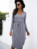 Drawstring Waist Long Sleeve Casual Dress - CELIVINE