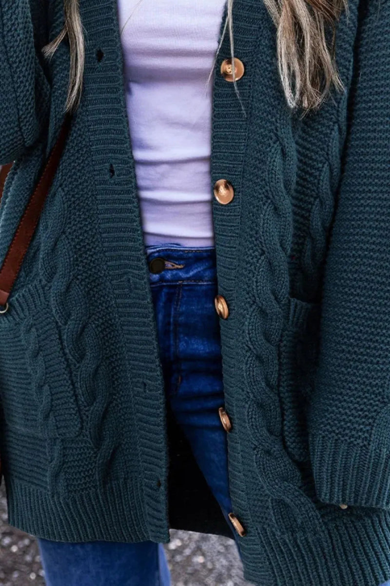 Cable - Knit Button Up Long Sleeve Cardigan - CELIVINE