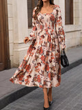 Smocked Floral Print Flounce Sleeve Dress - CELIVINE