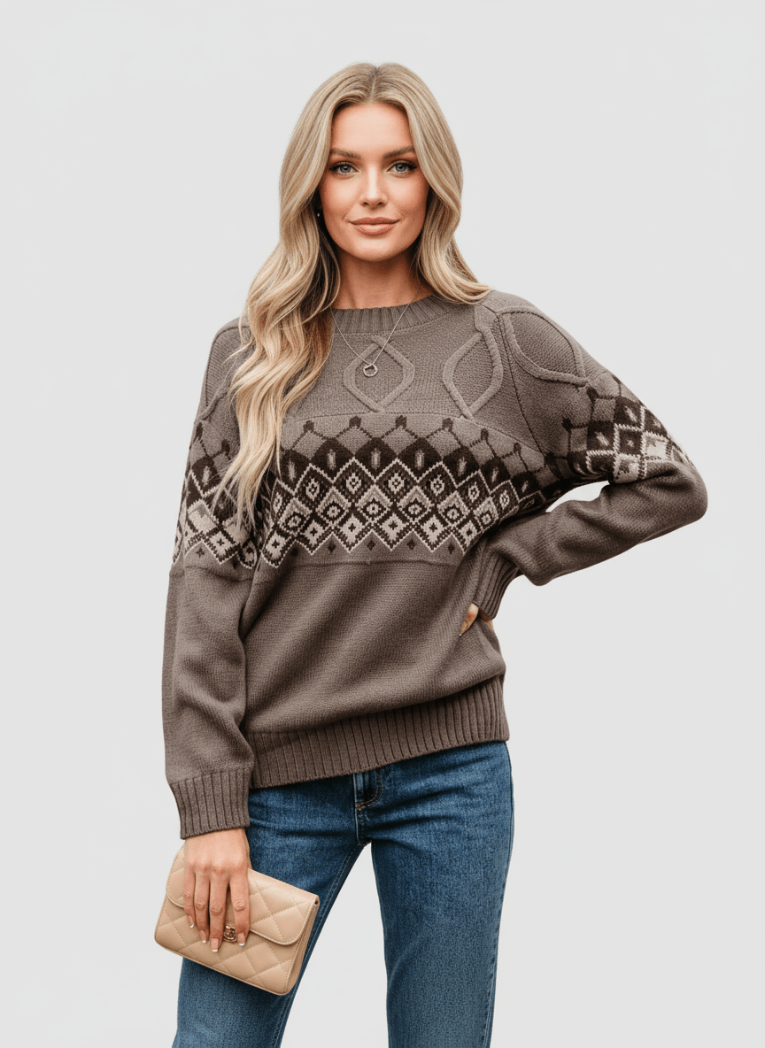 Geometric Round Neck Long Sleeve Sweater - CELIVINE