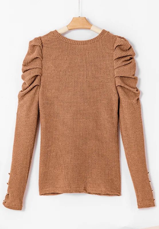 Decorative Button Round Neck Puff Sleeve Blouse - CELIVINE