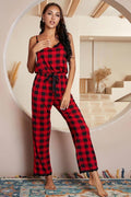 Plaid Lace Trim Spaghetti Strap Jumpsuit - CELIVINE