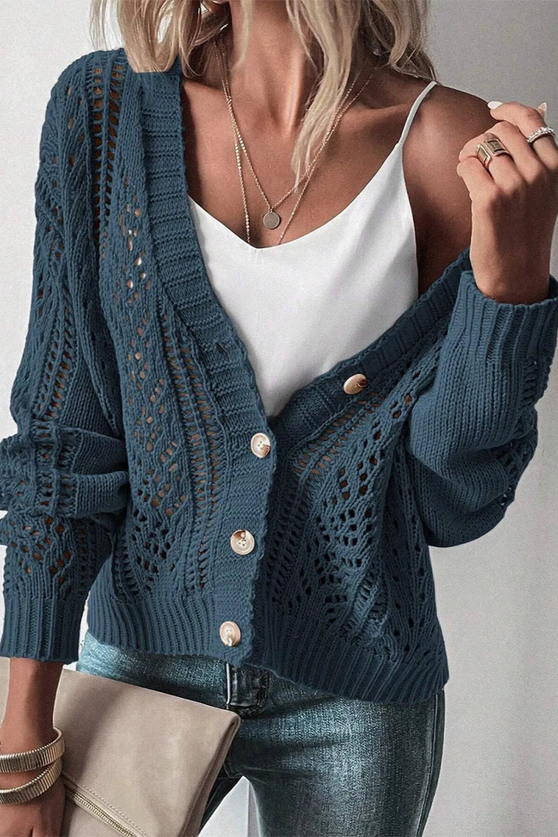 Openwork Button Up Long Sleeve Cardigan - CELIVINE