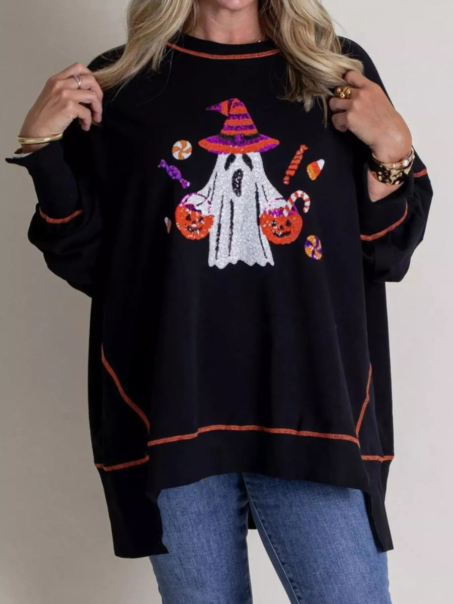 Halloween Ghost Sequin Exposed Seam Sweatshirt - CELIVINE