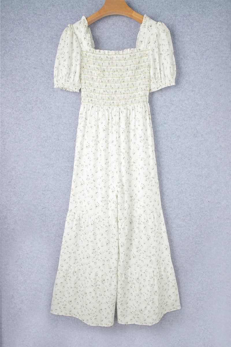 Smocked Printed Short Sleeve Jumpsuit - CELIVINE