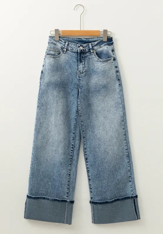 Washed Wide Leg Jeans with Pockets - CELIVINE