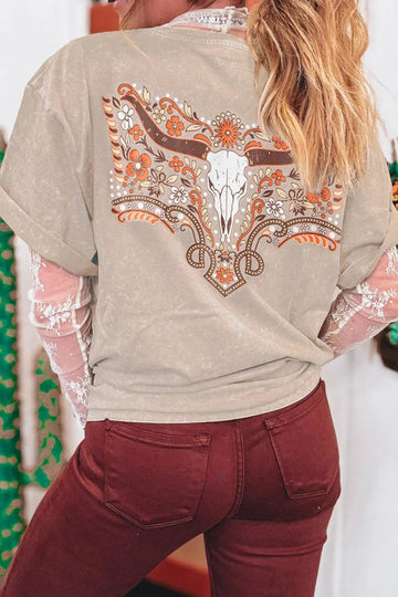 Mineral Wash Floral Steer Head Printed Back Western Fashion Tee - CELIVINE