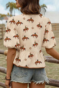 Horse Print Tie - Front Peplum Blouse - CELIVINE