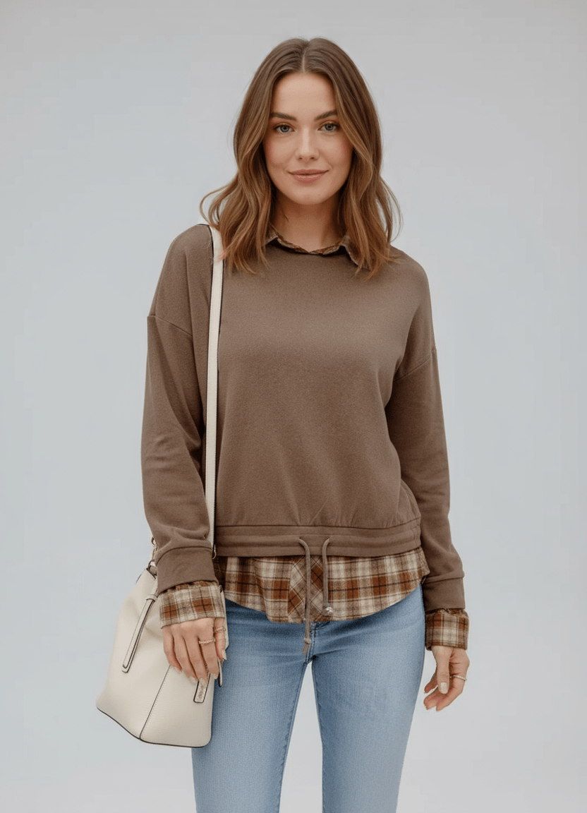 Drawstring Plaid Turtleneck Long Sleeve Top - CELIVINE