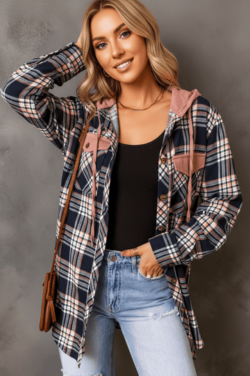 Plaid Drawstring Hooded Jacket with Pockets - CELIVINE