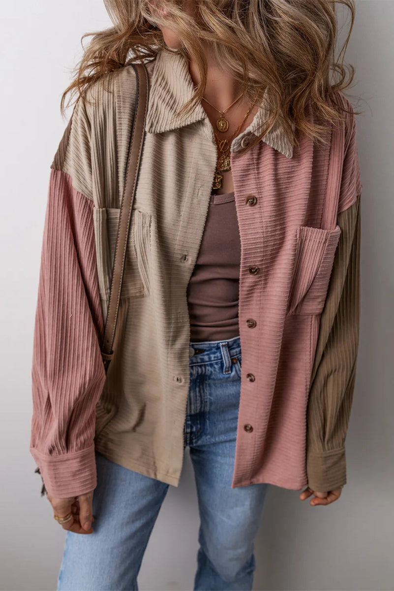 Button Up Color Block Long Sleeve Shacket - CELIVINE