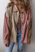 Button Up Color Block Long Sleeve Shacket - CELIVINE