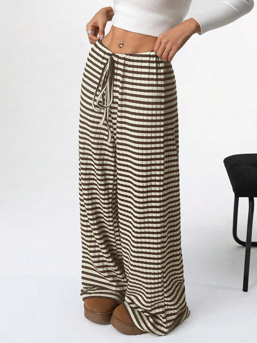 Striped Wide Leg Drawstring Pants - CELIVINE