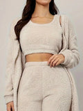 Fuzzy Tank Long Sleeve Cardigan and Pants 3 - Piece Lounge Set - CELIVINE