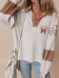 Game Day Bow Embroidered Leopard Color Block Patchwork sweater - CELIVINE