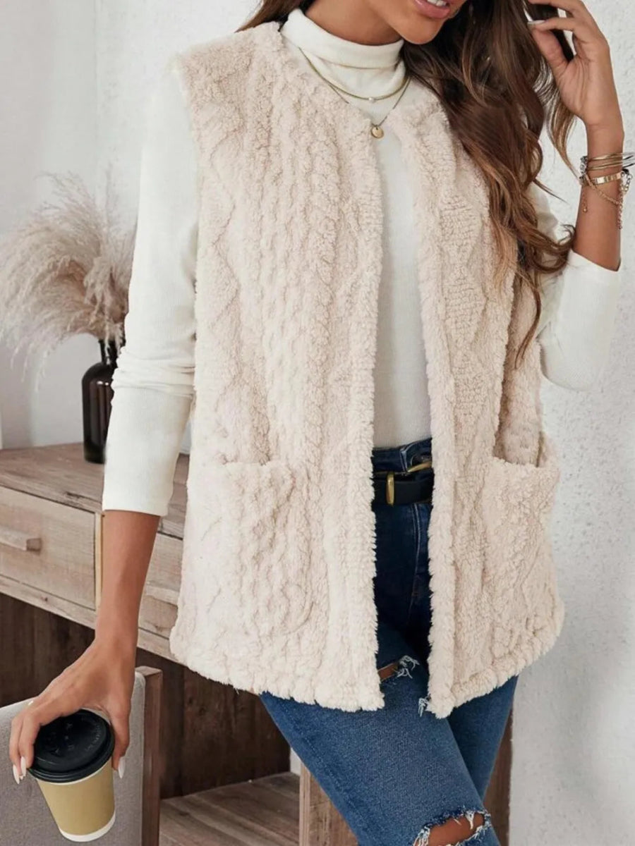 Fuzzy Open Front Vest with Pockets - CELIVINE