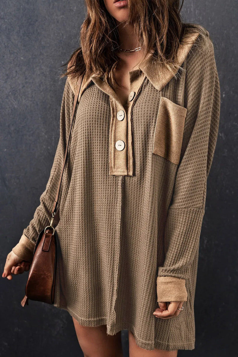 Waffle Knit Button Front Dress - CELIVINE