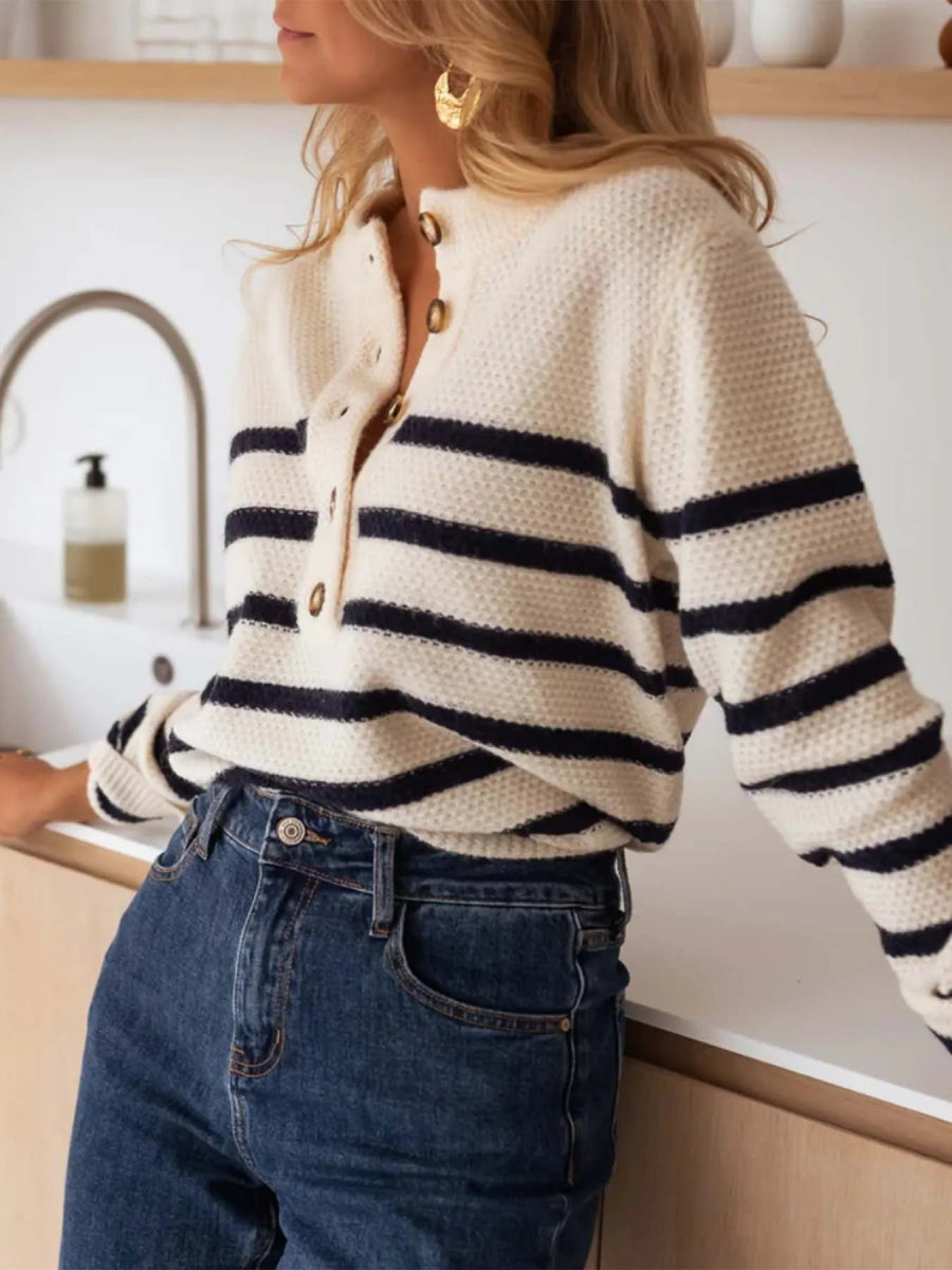 Striped Button - Front Sweater - CELIVINE
