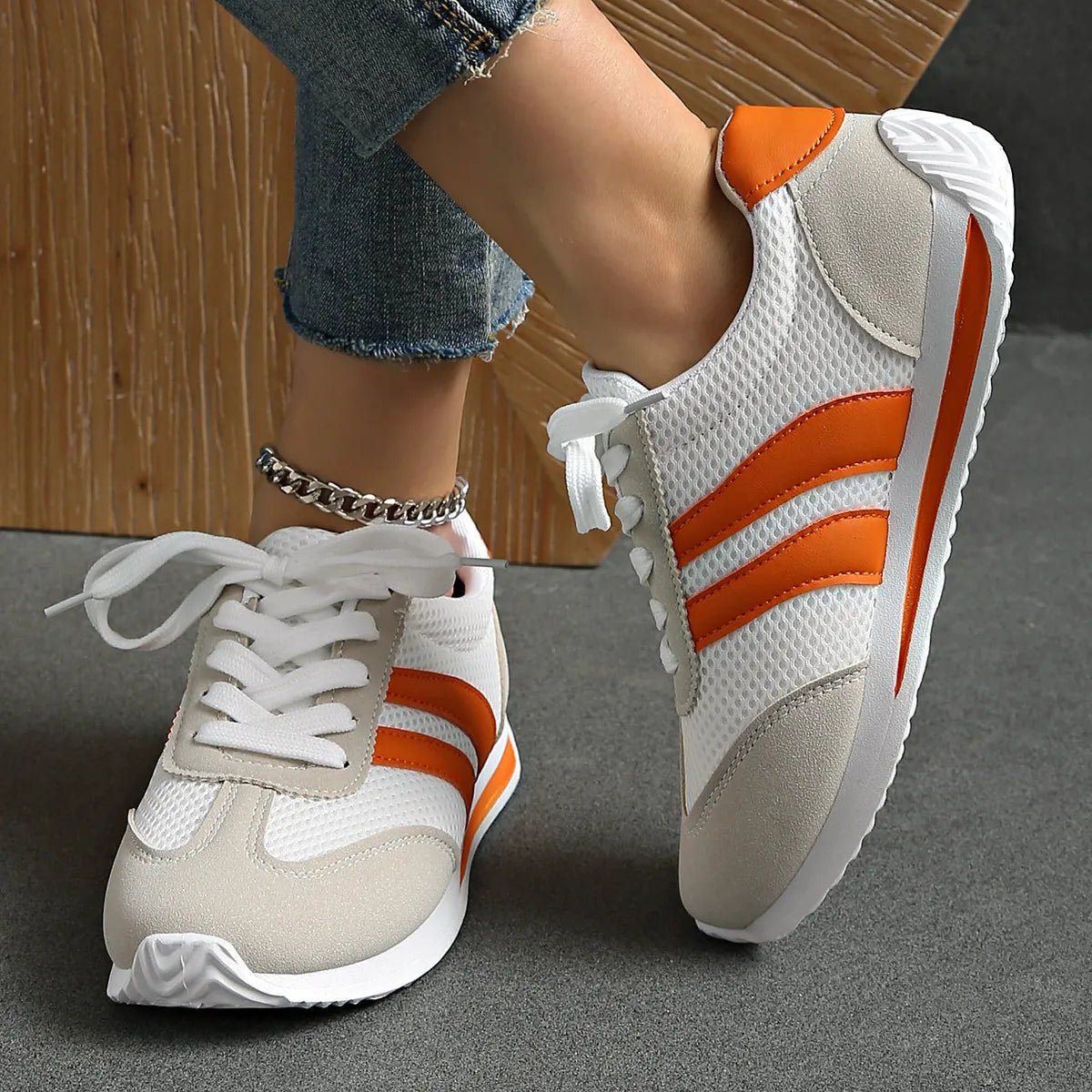 Striped Contrast Mesh Lace Up Sneakers - CELIVINE