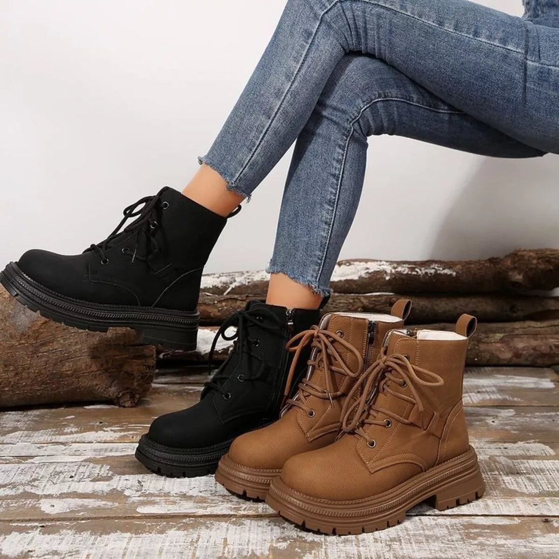 Round Toe Lace Up Platform Boots - CELIVINE