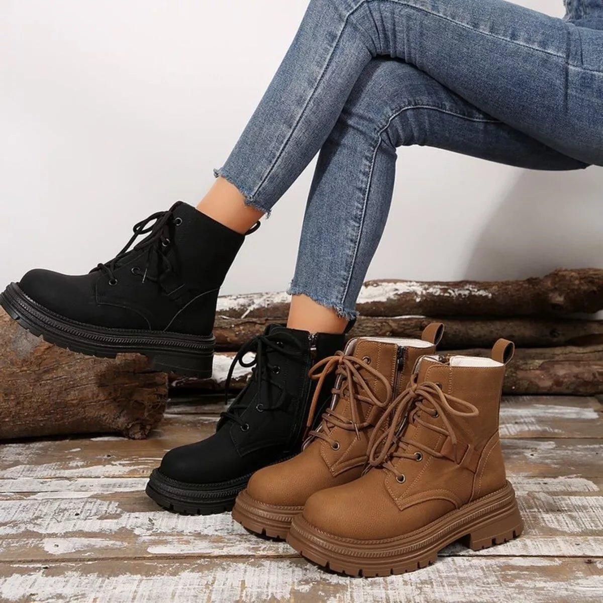 Round Toe Lace Up Platform Boots - CELIVINE