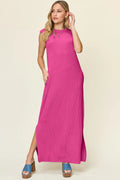 Double Take Full Size Texture Mock Neck Sleeveless Maxi Dress - CELIVINE