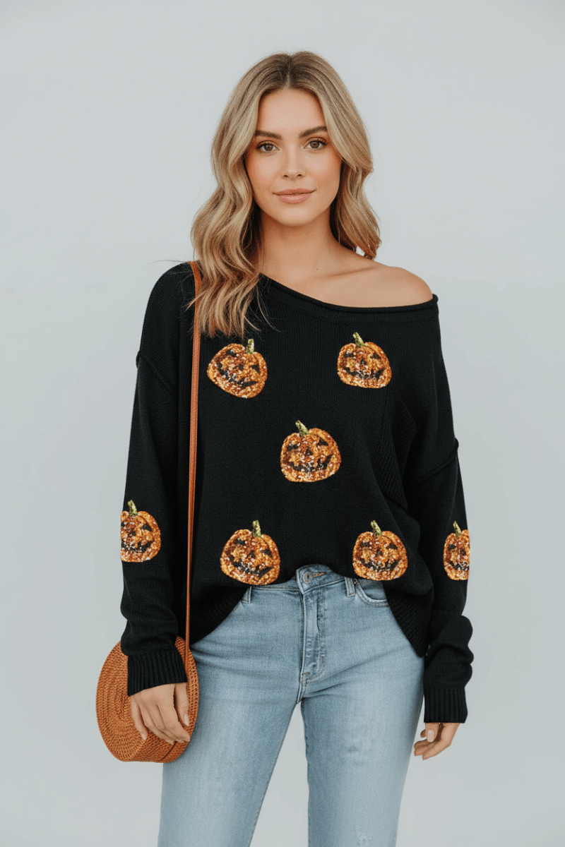 Pumpkin Round Neck Long Sleeve Knit Top - CELIVINE