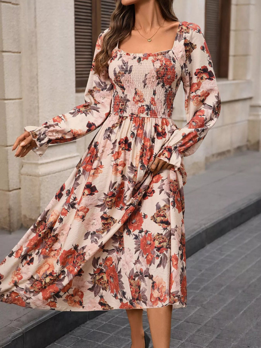 Smocked Floral Print Flounce Sleeve Dress - CELIVINE