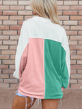 Color Block Button Front Collared Neck Sweatshirt - CELIVINE