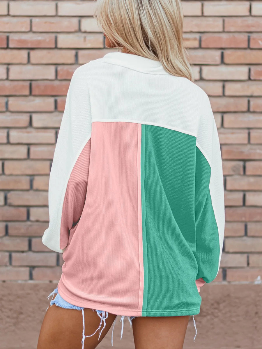 Color Block Button Front Collared Neck Sweatshirt - CELIVINE