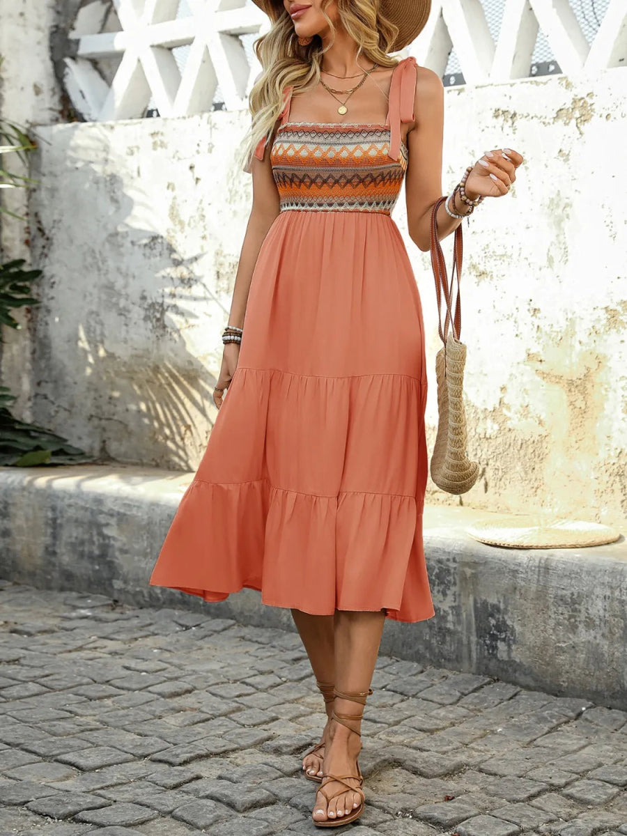 Tie Shoulder Tiered Midi Dress - CELIVINE