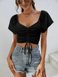 Drawstring Short Sleeve Crop Top - CELIVINE