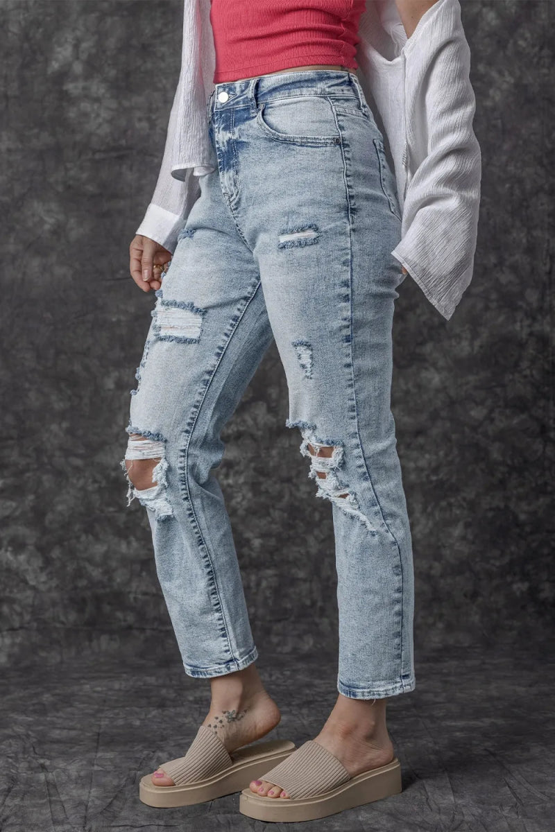 Distressed High Waist Jeans - CELIVINE