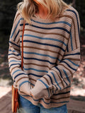 Multicolour Striped Knitted Drop Shoulder Round Neck Sweater - CELIVINE