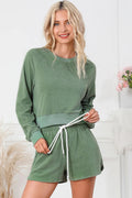 Round Neck Long Sleeve Top and Drawstring Shorts Lounge Set - CELIVINE