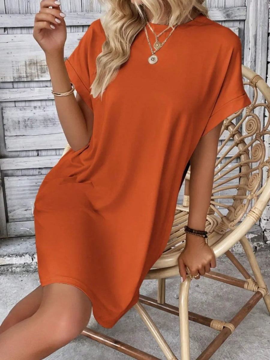 Pocketed Round Neck Short Sleeve Dress - CELIVINE