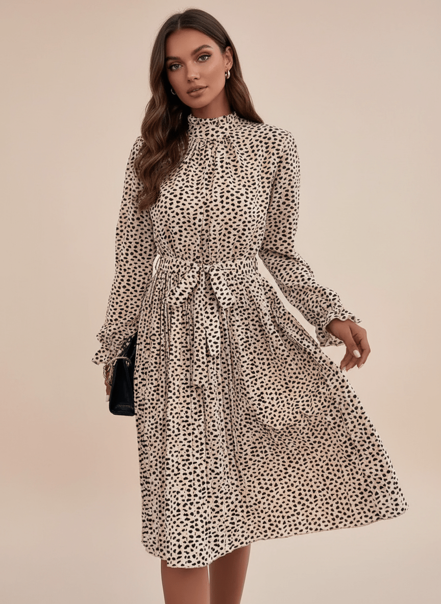 Animal Print Mock Neck Flounce Sleeve Dress - CELIVINE