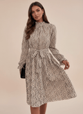 Animal Print Mock Neck Flounce Sleeve Dress - CELIVINE