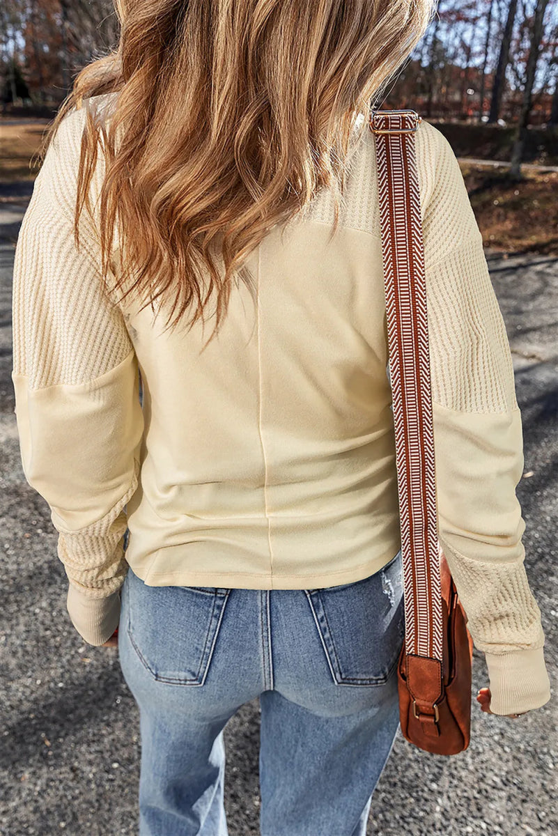 Waffle - Knit Round Neck Long Sleeve Top - CELIVINE