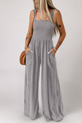 Smocked Square Neck Wide Leg Jumpsuit with Pockets - CELIVINE