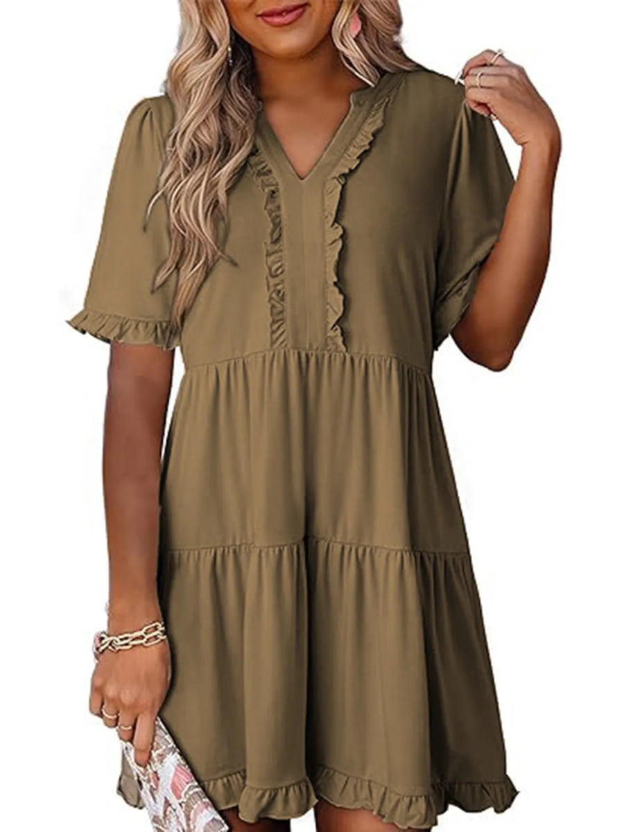 Tiered Notched Short Sleeve Mini Dress - CELIVINE