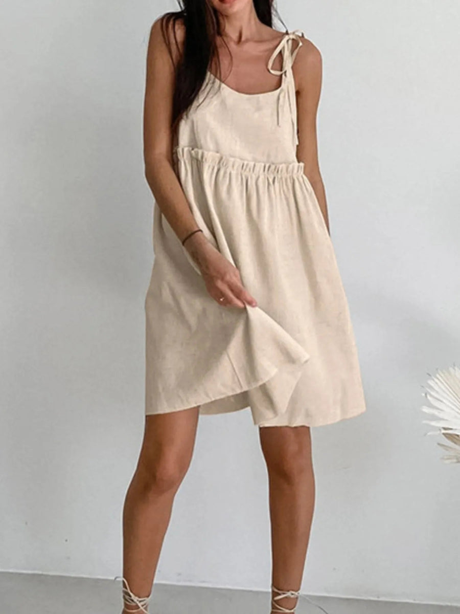 Tie - Shoulder Frill Mini Dress - CELIVINE