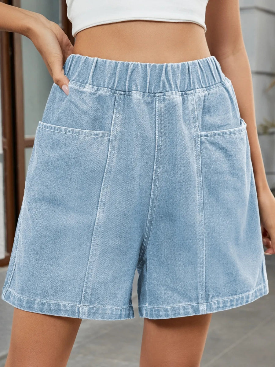 Elastic Waist Denim Shorts - CELIVINE