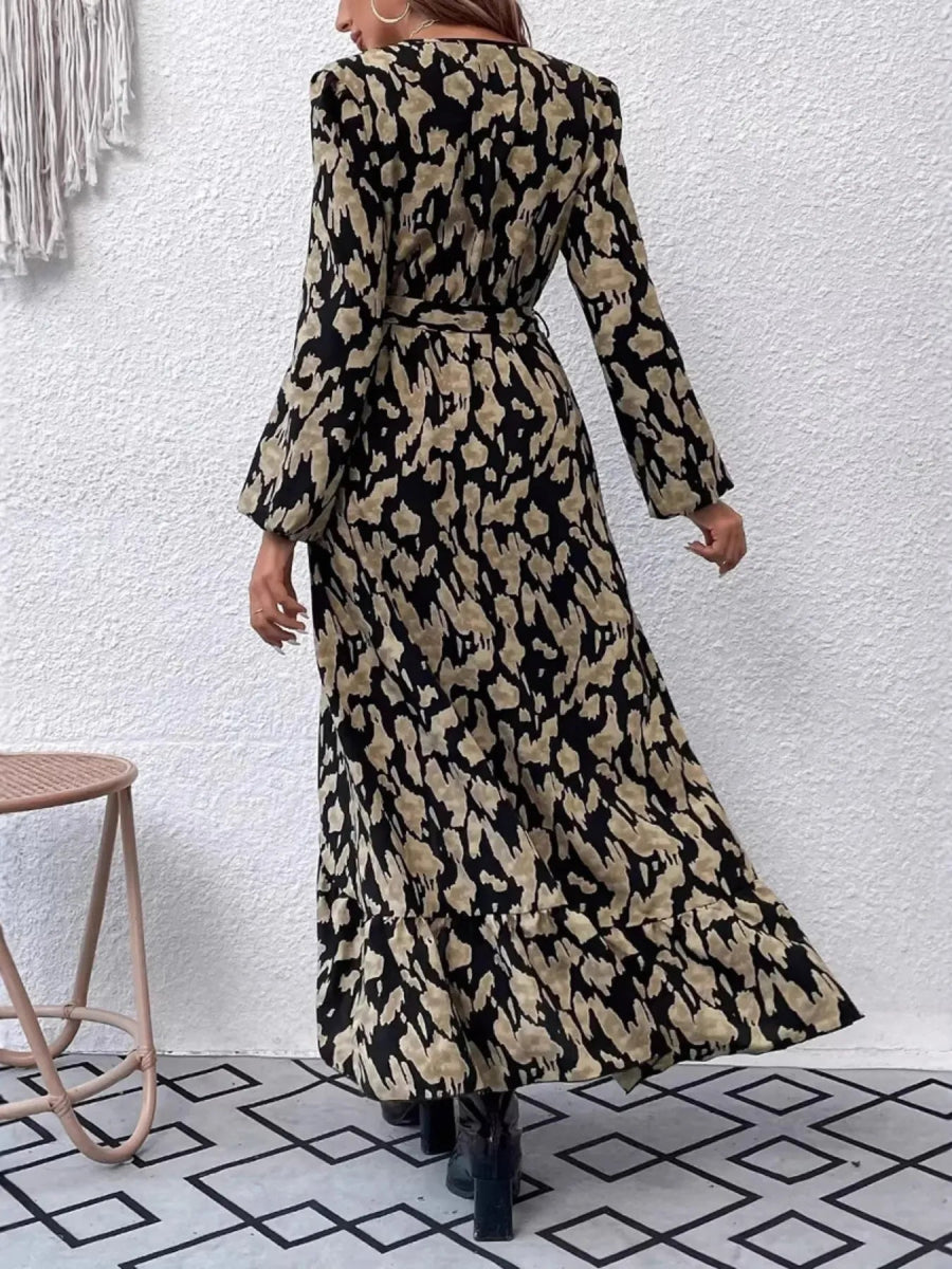 Leopard Surplice Balloon Sleeve Dress - CELIVINE