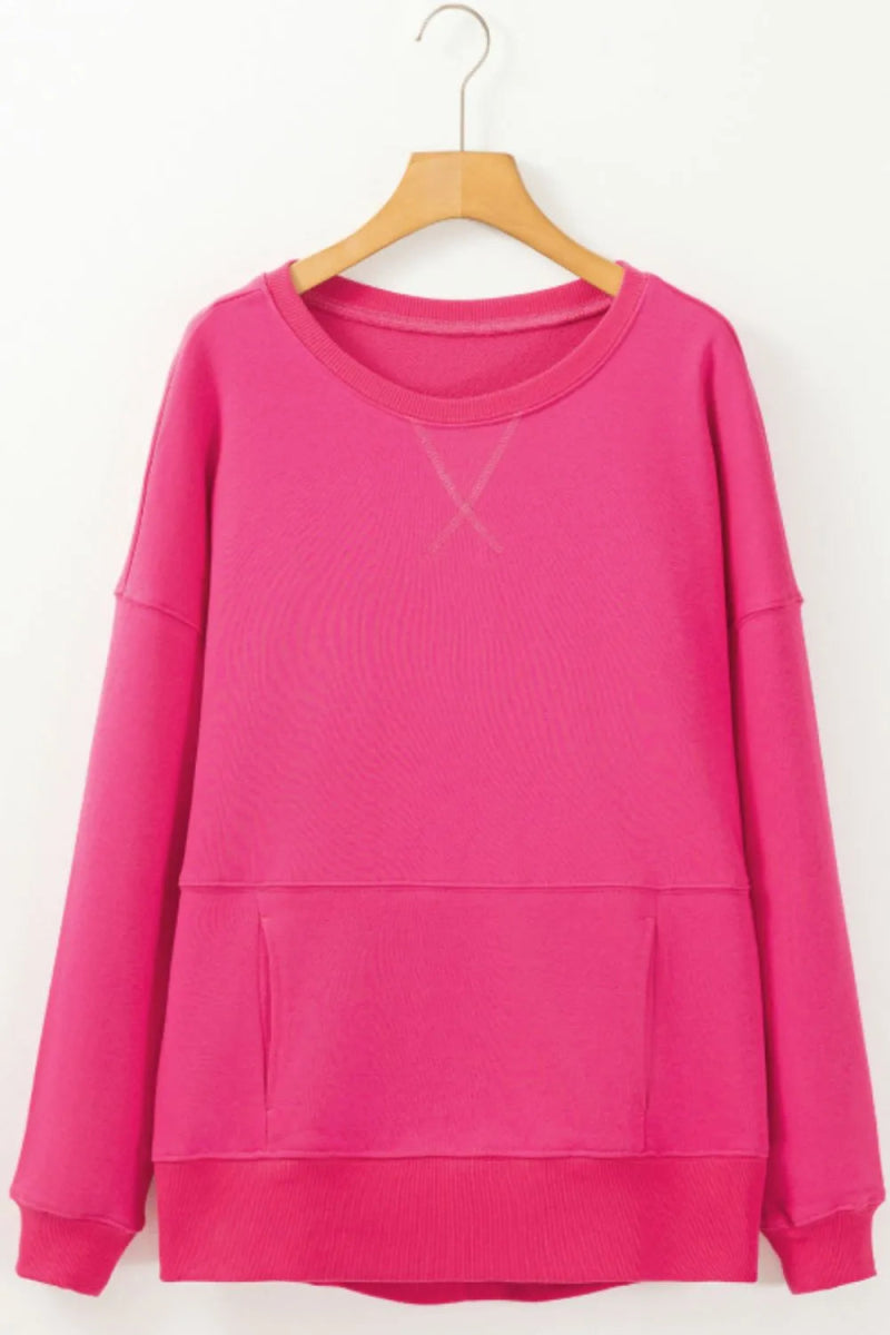 Solid Color Round Neck Long Sleeve Sweatshirt - CELIVINE
