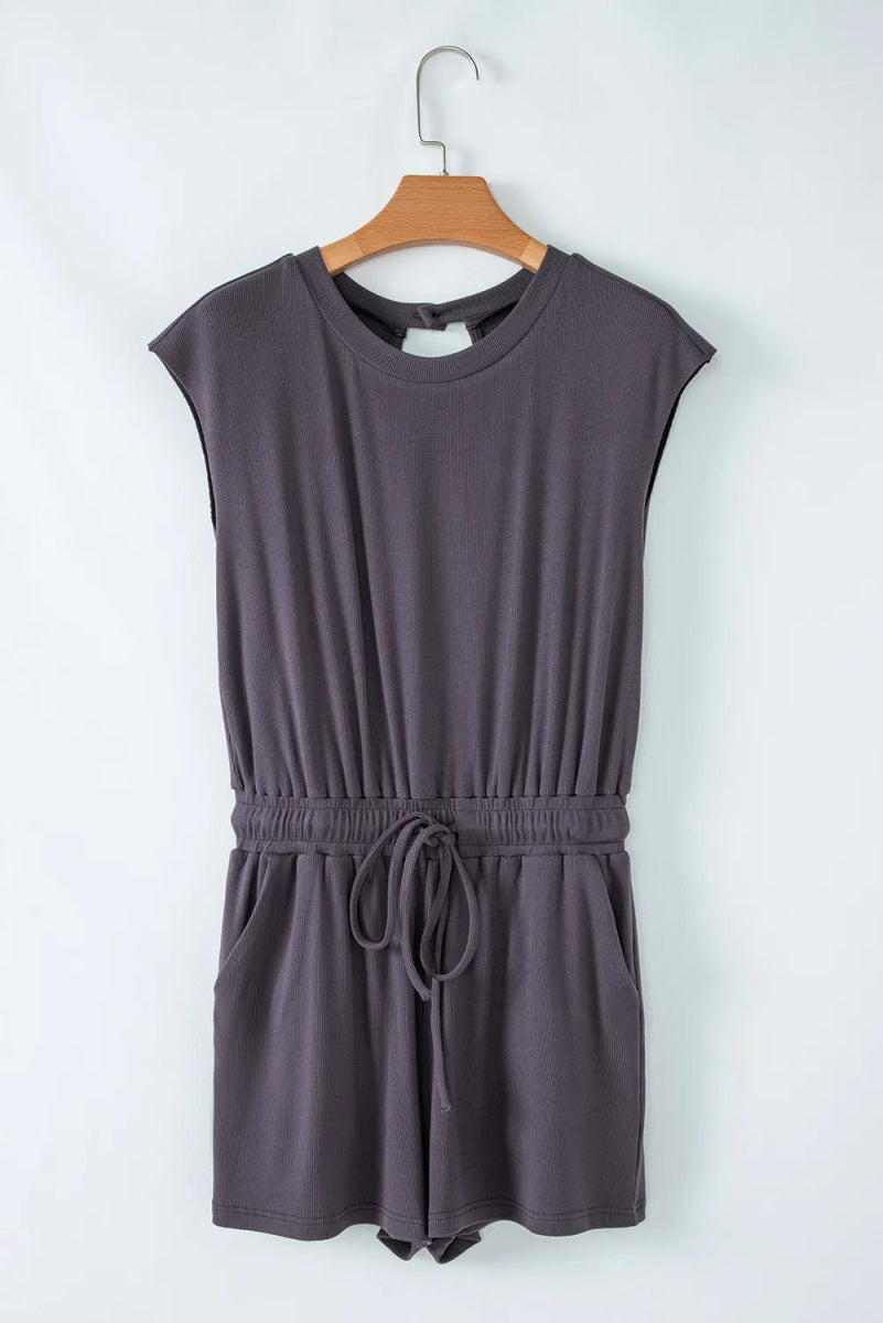 Knit Open Back Cap Sleeve Drawstring Romper - CELIVINE