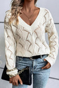 Openwork V - Neck Long Sleeve Sweater - CELIVINE