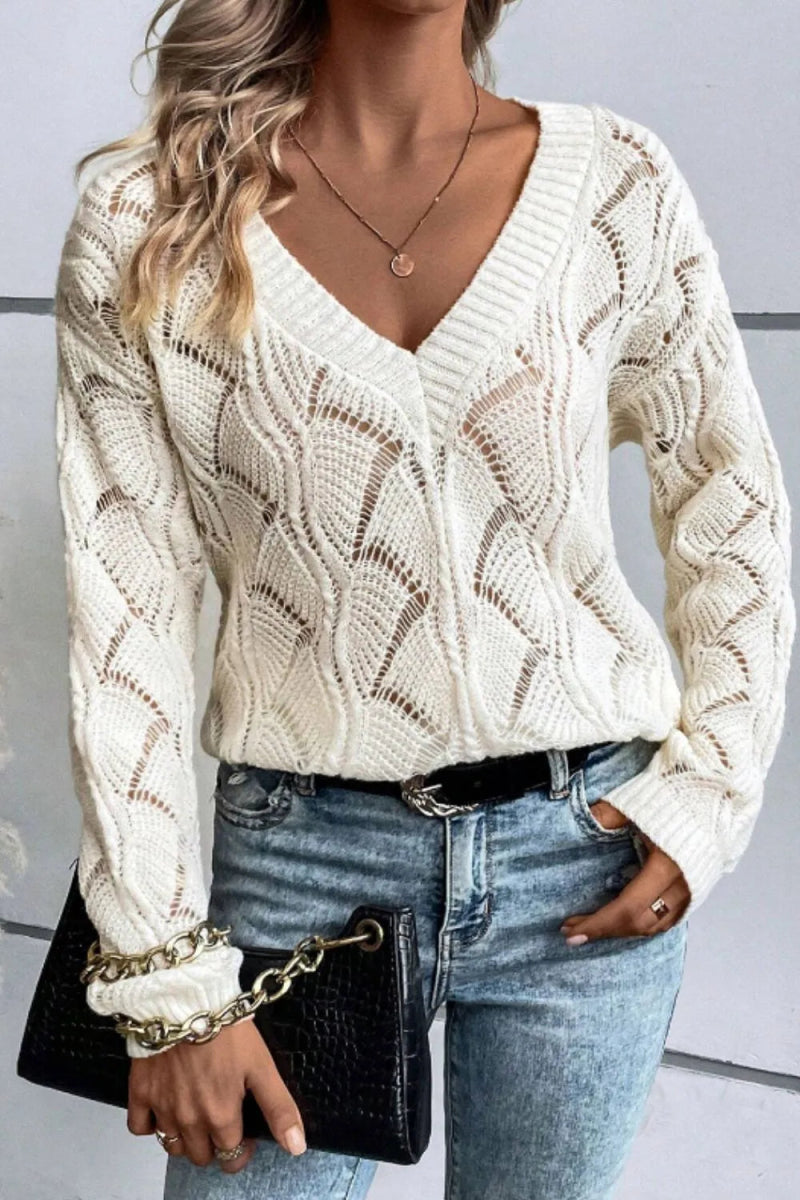 Openwork V - Neck Long Sleeve Sweater - CELIVINE
